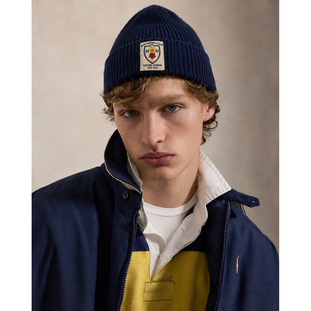 Polo Ralph Lauren RLPC Football Club Navy Blue Ribbed Knit Beanie Hat One Size